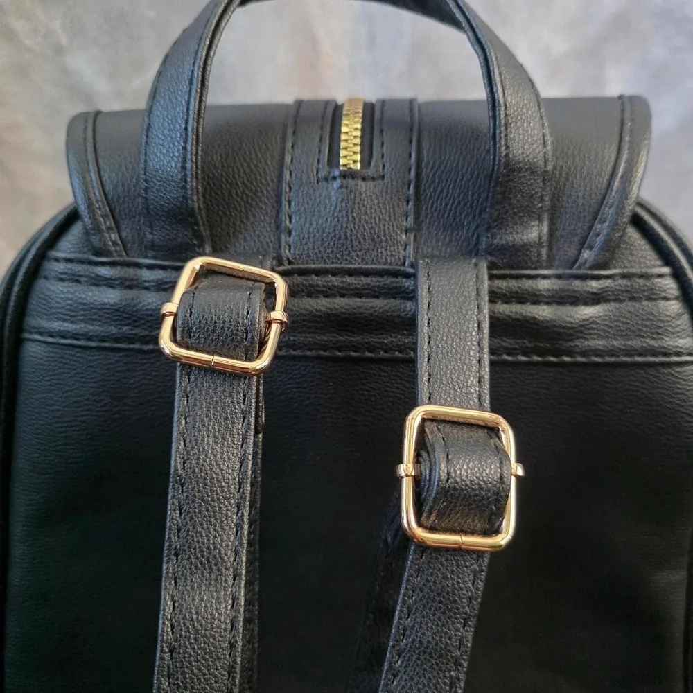 Black Faux Leather Mini Backpack Purse w/ Gold Tassel Charm Goth Y2K